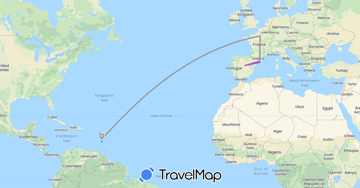 TravelMap itinerary: driving, plane, train, boat in Antigua and Barbuda, Spain, France, Saint Lucia (Europe, North America)